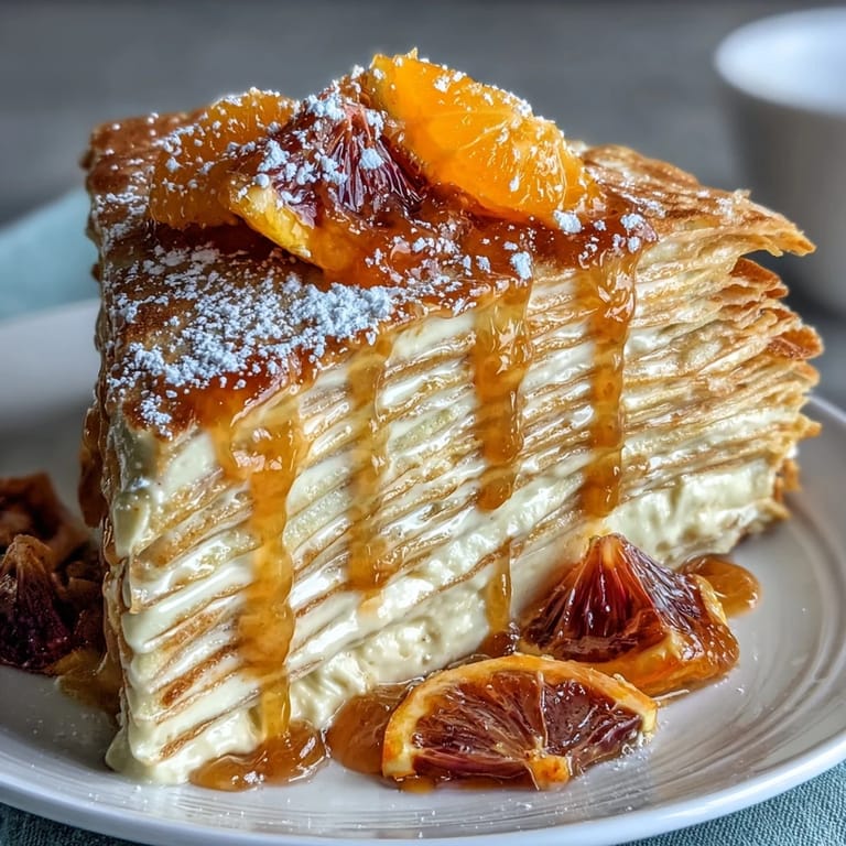A close-up shows Blood Orange Curd Crêpe Cake garnished with citrus zest and powdered sugar for serving.