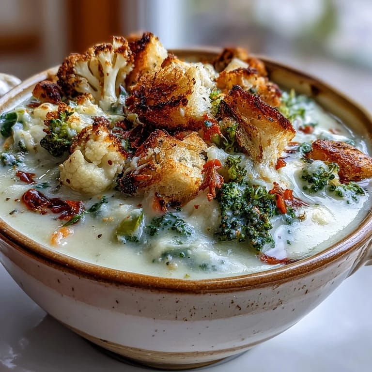 Close-up of a spoon dipping into rich Cauliflower and Broccoli Soup, revealing tender vegetables and crispy croutons on top.