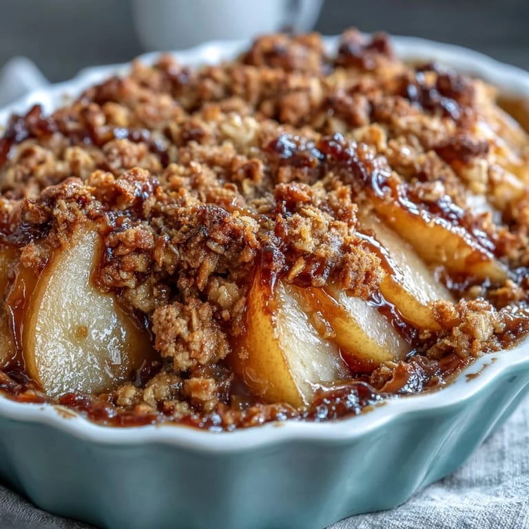Freshly baked Pear Crumble with a rustic golden-brown crumble topping cooling on a wooden table, ready for a family gathering.