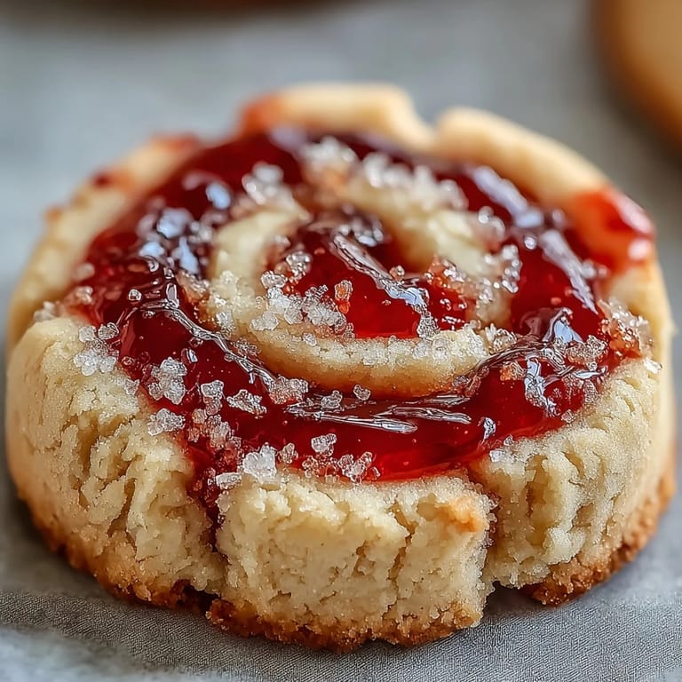 Close-up of Raspberry Swirl Shortbread Cookies on a plate, showcasing crisp edges and a soft, jam-filled center.