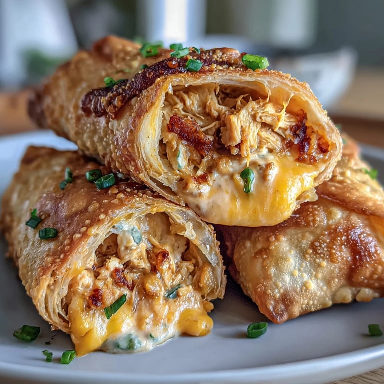 Close up view of crunchy Buffalo Chicken Dip Egg Rolls showing melted cheddar and zesty green onions.