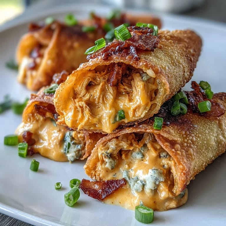 Hot Buffalo Chicken Dip Egg Rolls stacked on a plate with blue cheese dip and crisp celery sticks.