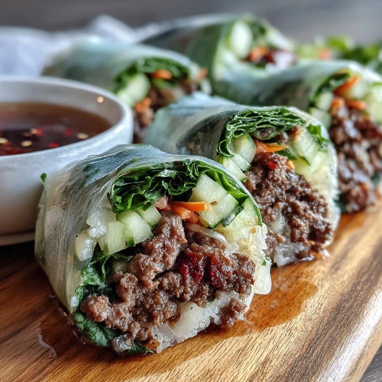 Colorful Thai Basil Beef Rolls displayed on a platter, featuring ground beef, fresh Thai basil, cucumber, and carrots in rice paper. 