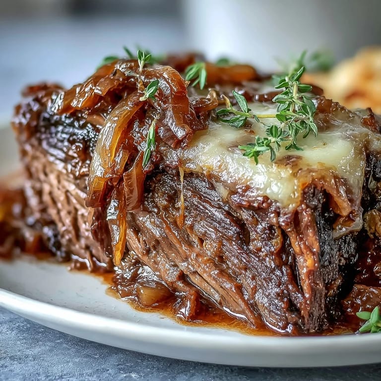Tender shredded beef and sweet caramelized onions topped with melted Gruyere in this Savory Crock Pot French Onion Pot Roast.