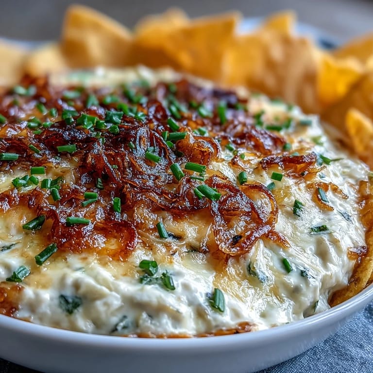 Golden, creamy Smoked Gouda & Onion Dip baked in a dish, paired with crisp fresh-cut vegetables for a savory party appetizer.