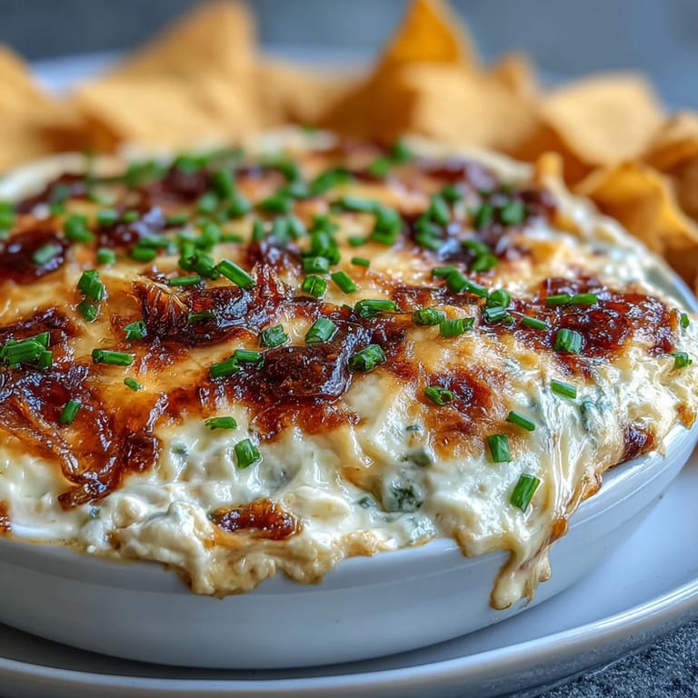 Bubbling, golden-topped Smoked Gouda & Onion Dip with caramelized onions, garnished with chives and ready to scoop with sturdy chips.