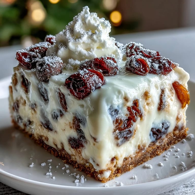 Festive Christmas Cheesecake Slab topped with spiced dried fruits for holiday dessert platters.