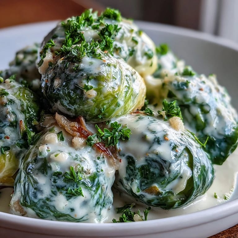 Savory Brussels Sprouts in Cream Cheese-Mustard Sauce nestled in a glossy sauce with garlic and lemon notes.