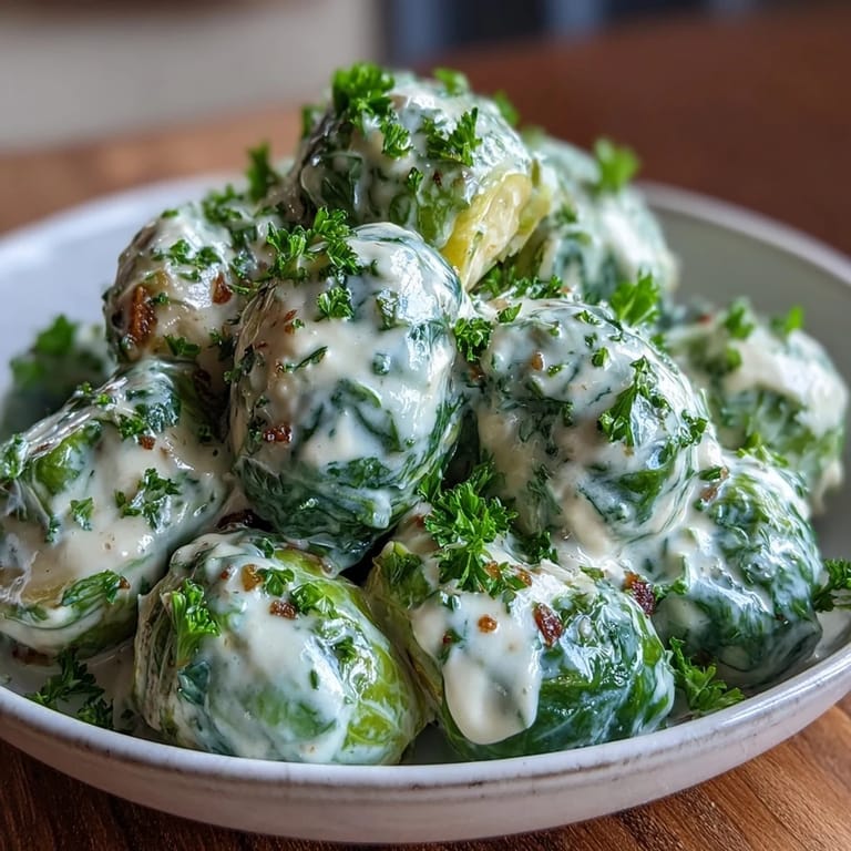 Tender-crisp Brussels Sprouts in Cream Cheese-Mustard Sauce coated in a rich, golden Dijon cream sauce, ready to serve.