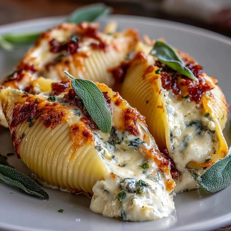 Golden-brown, cheesy Pumpkin & Gouda Stuffed Shells served in a baking dish with sage.