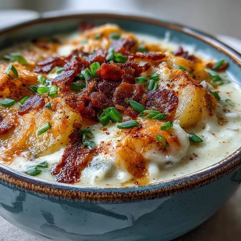 A comforting bowl of loaded potato soup garnished with bacon crumbles, extra cheese, and sliced scallions for a hearty meal.