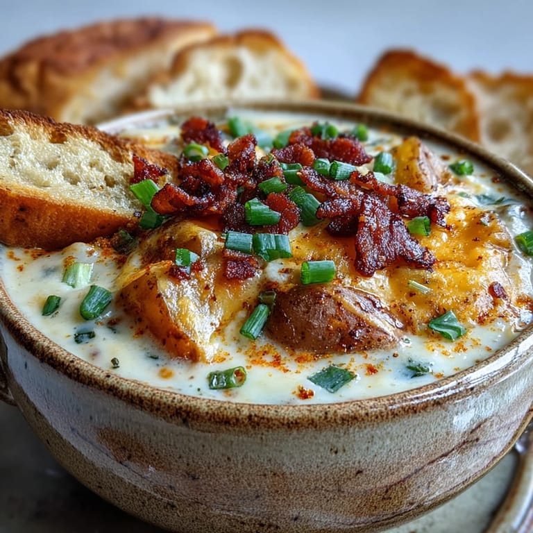 Steaming loaded potato soup with velvety texture, sharp cheddar, and bacon served alongside crusty bread for dipping.
