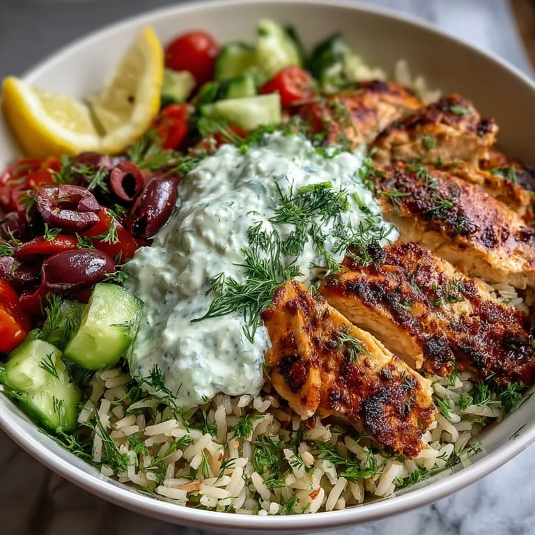 A close-up of a colorful Greek Chicken Bowl featuring juicy marinated chicken, fluffy lemon-herb rice, diced cucumbers, cherry tomatoes, and creamy tzatziki garnished with fresh dill.