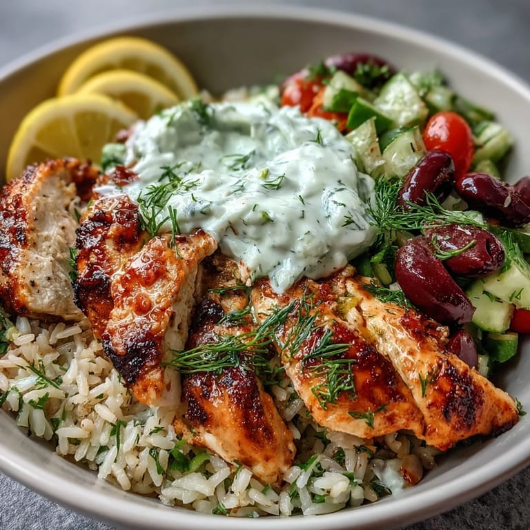 Vibrant Mediterranean meal prep: a wholesome Greek Chicken Bowl with seasoned chicken, herbed rice, crisp salad, and briny olives, finished with a generous swirl of homemade tzatziki sauce.