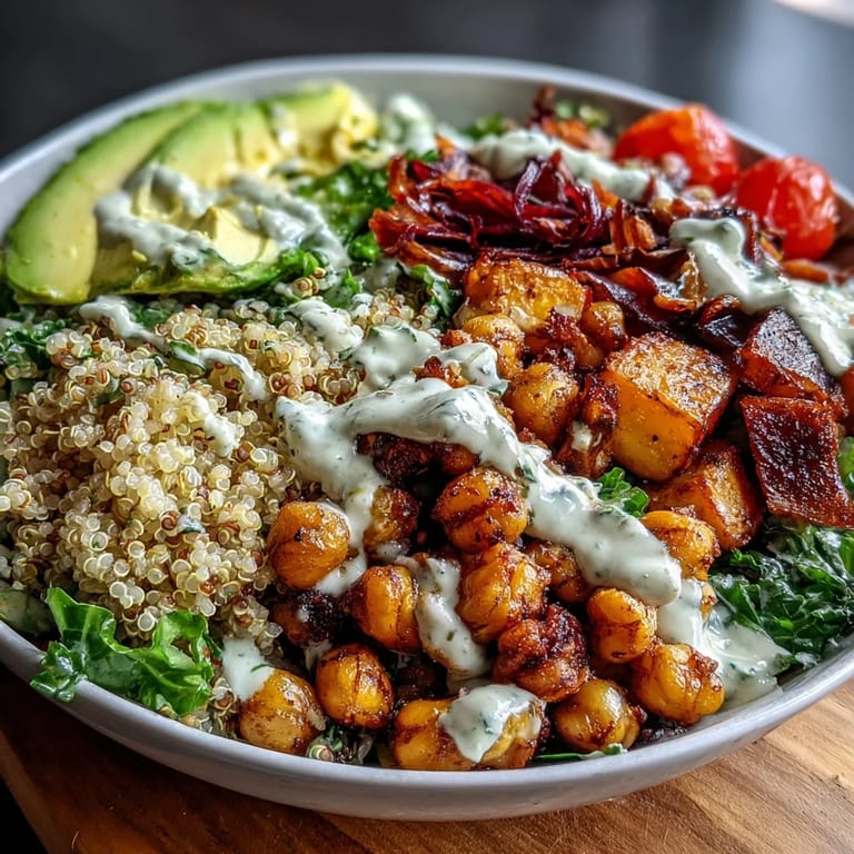 Roasted sweet potatoes and Crispy Chickpeas add crunch to this vegan Buddha Bowl filled with fresh veggies and avocado.