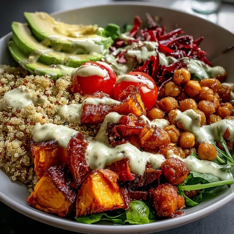 Colorful fresh veggies and Crispy Chickpeas arranged over quinoa in a Buddha Bowl drizzled with garlic tahini dressing.