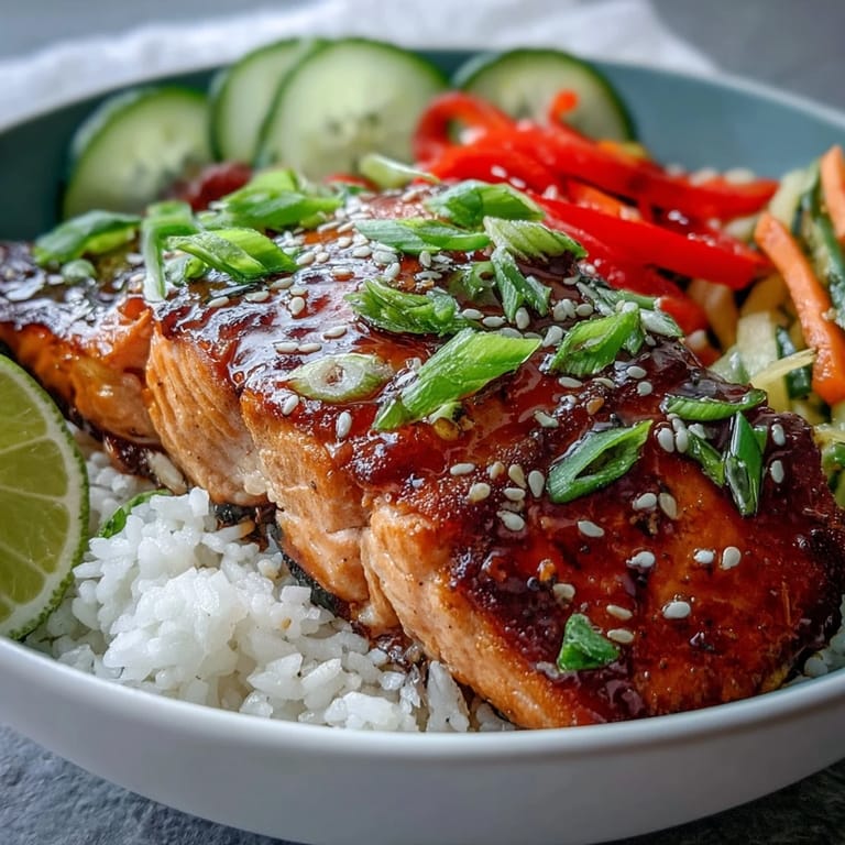 Healthy Asian-inspired salmon bowl topped with sesame seeds, scallions, and fresh lime wedges.