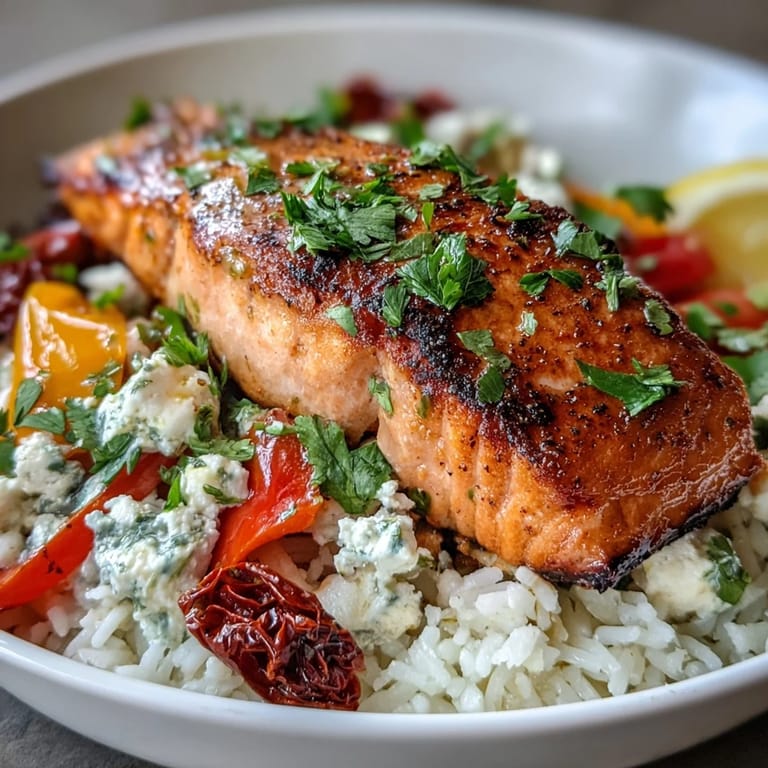 Colorful Mediterranean Salmon Bowl with peppers, tomatoes, and fresh cilantro.
