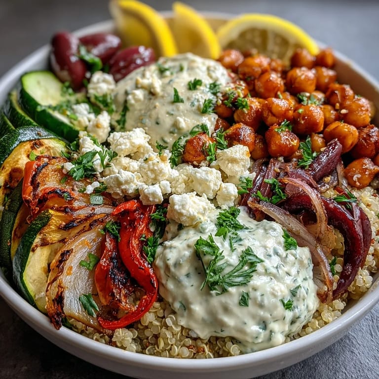 A colorful Mediterranean Buddha Bowl features creamy hummus, Greek yogurt, crumbled feta, and warm chickpeas for a satisfying vegetarian meal.