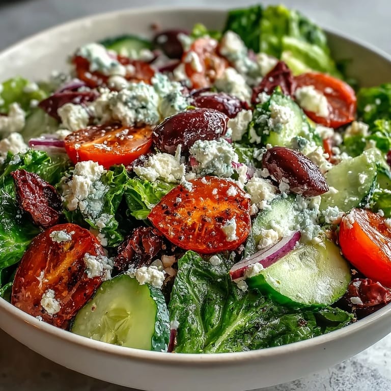 Chopped Greek Salad Bowl served in a white bowl, tossed in oregano vinaigrette for a light meal.
