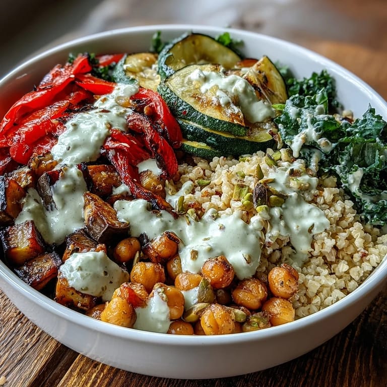 Golden bulgur pilaf with pistachios is layered with roasted vegetables and kale for a vibrant Mediterranean Buddha Bowl meal prep.
