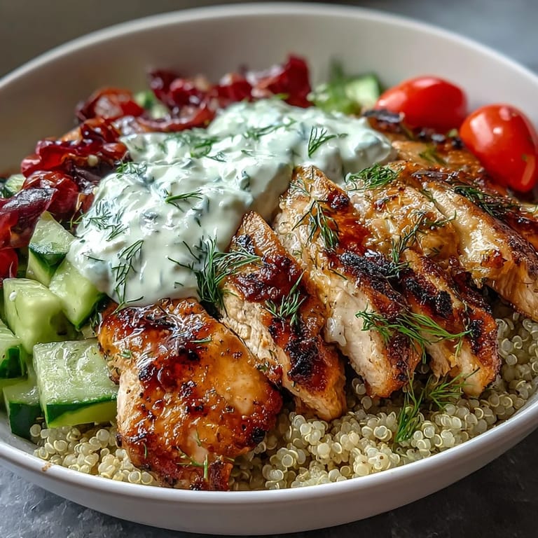 Fresh herbs and tangy tzatziki crown this Greek Chicken Power Bowl, served in a rustic white bowl with a lemon wedge.