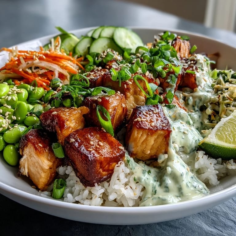 Close-up of a healthy Baked Salmon Rice Bowl showing tender salmon, edamame, green onions, and sesame seeds over steamed jasmine rice.
