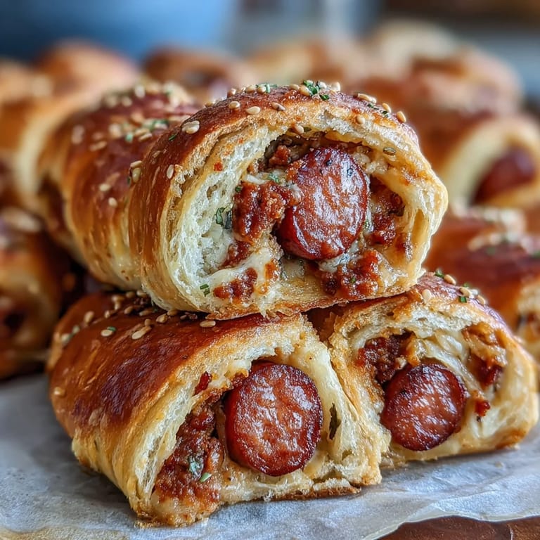 Bite-sized hot dogs wrapped in buttery crescent roll dough, baked until golden and perfect for dipping in mustard or ketchup.