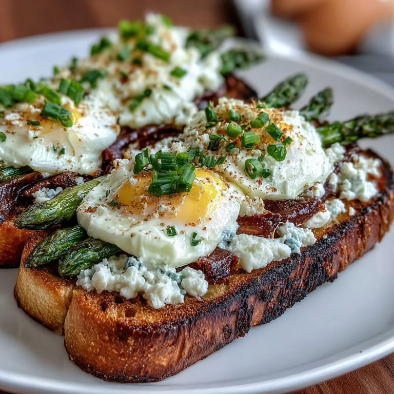 Creamy scrambled eggs and tender asparagus top crisp sourdough tartines, garnished with herbs.