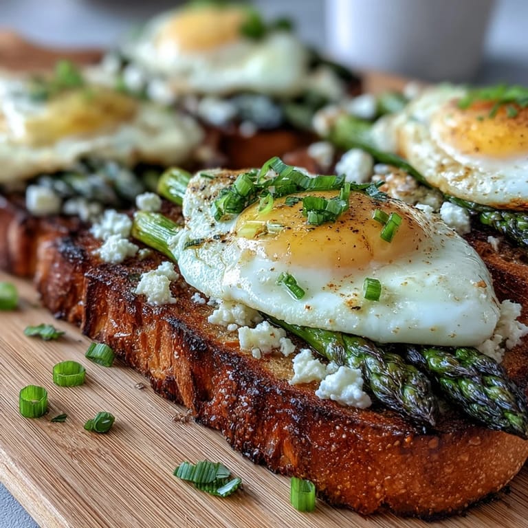 Bright spring tartines featuring blanched asparagus, soft eggs, and a touch of crème fraîche.