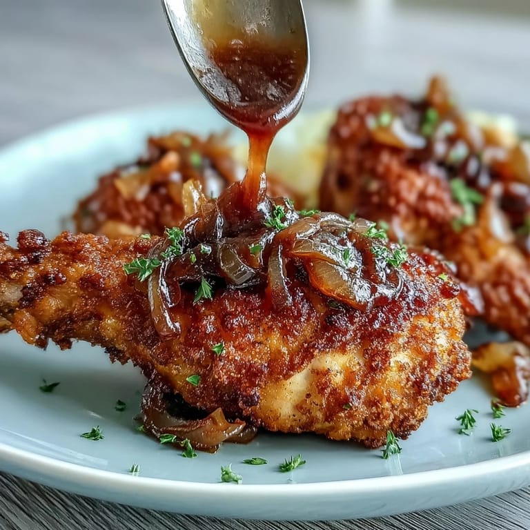 Southern Soul Food Smothered Chicken glistens under a thick, aromatic onion gravy, perfect for Sunday dinner.