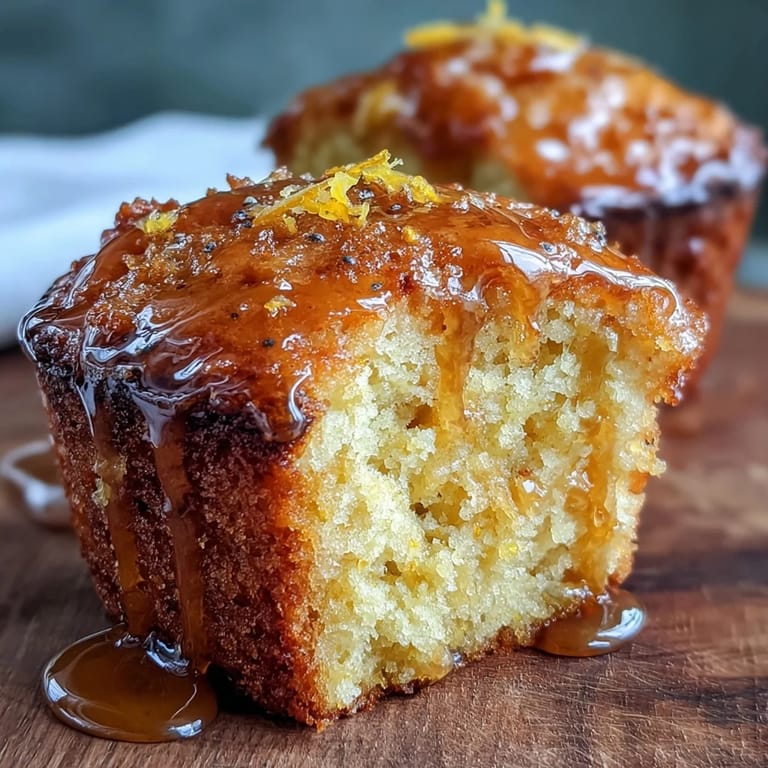 Golden muffins dotted with poppy seeds, topped with a zesty lemon drizzle, ideal for an easy breakfast treat.