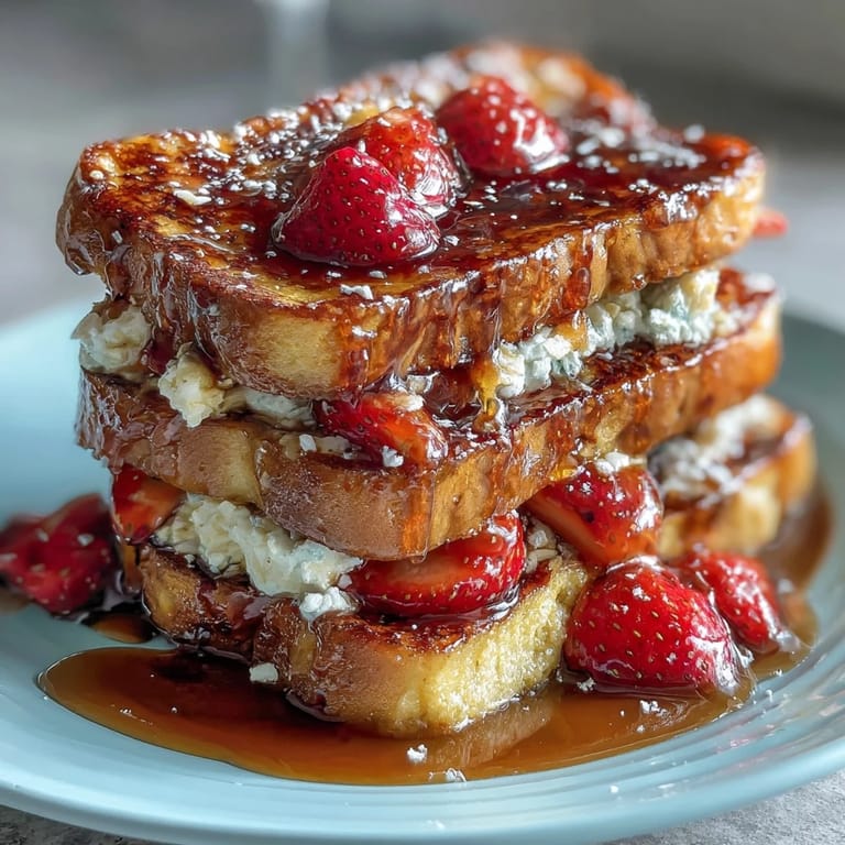 Golden baked strawberry French toast with juicy fruit, rich custard, and a crisp almond-sugar crust—perfect for brunch gatherings.