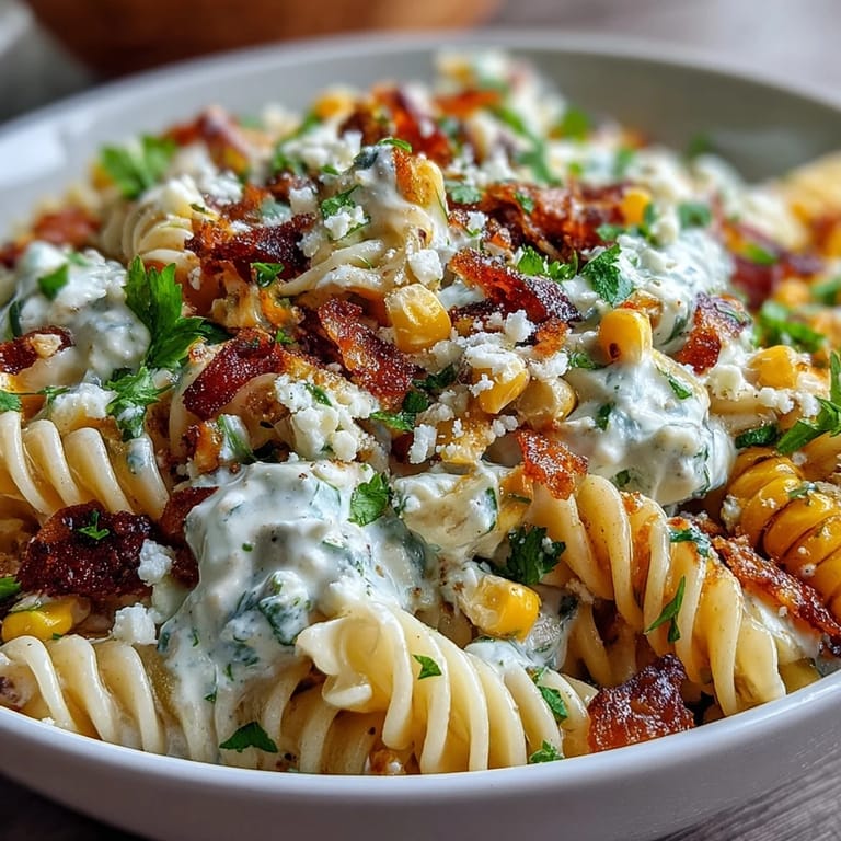 Creamy Mexican-inspired pasta salad featuring cotija cheese, sweet corn, and smoky chili-lime dressing, perfect for summer gatherings or potlucks.
