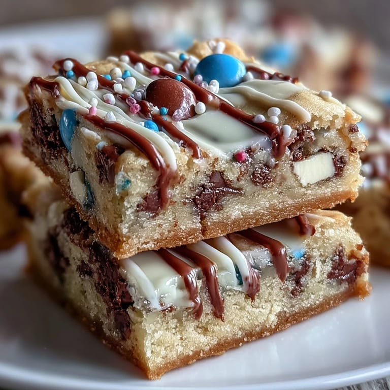 Chewy cookie bars topped with vibrant candy-coated chocolates and a decadent white chocolate drizzle, ideal for graduation parties and festive dessert tables.