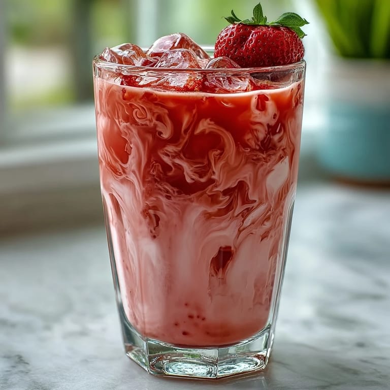 Creamy coconut milk blended with vibrant strawberry açaí base, creating a luscious pink beverage garnished with juicy fresh berries.