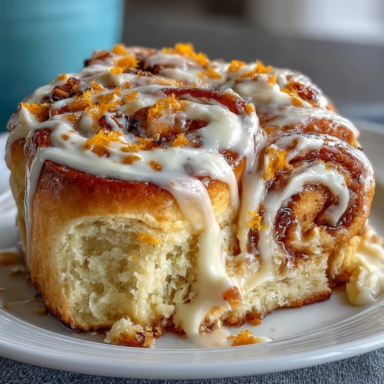 Warm orange rolls drizzled with creamy frosting, offering a delightful citrus twist on classic cinnamon rolls.