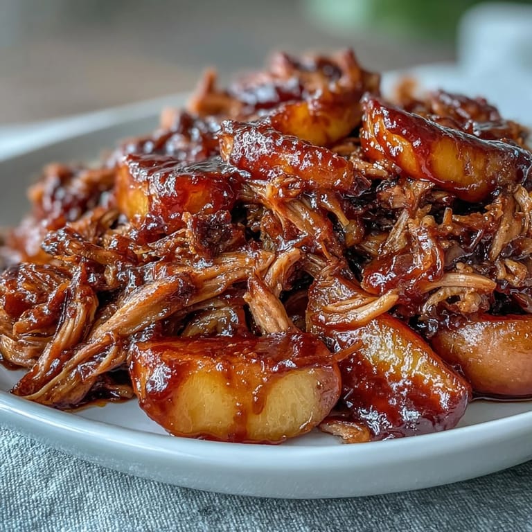 Juicy pulled pork slow-cooked with peaches and honey, smothered in rich BBQ sauce for a summer feast.