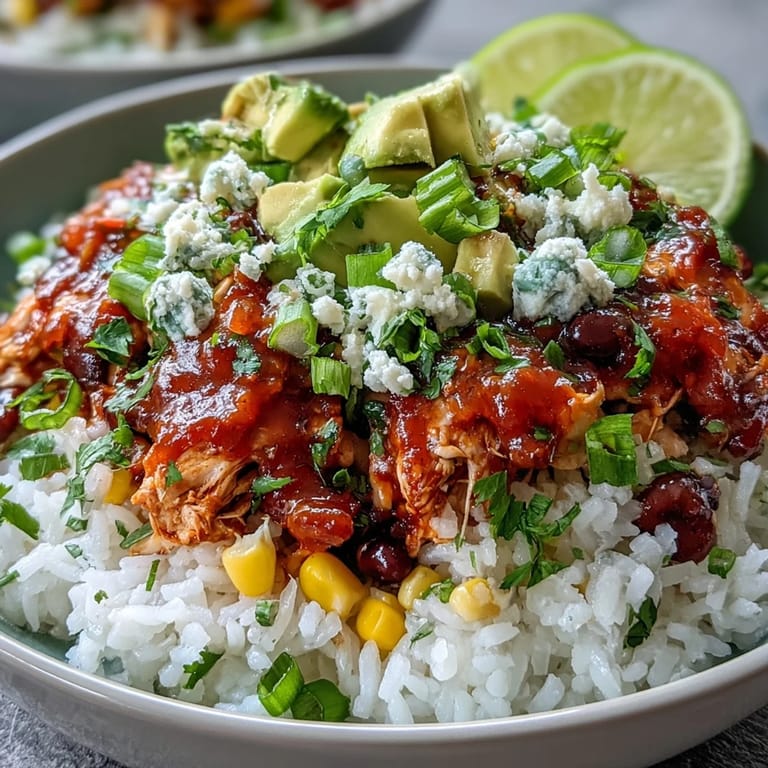 Slow-cooked salsa chicken served over fluffy rice with black beans, corn, and colorful cherry tomatoes, finished with shredded cheese and green onions.