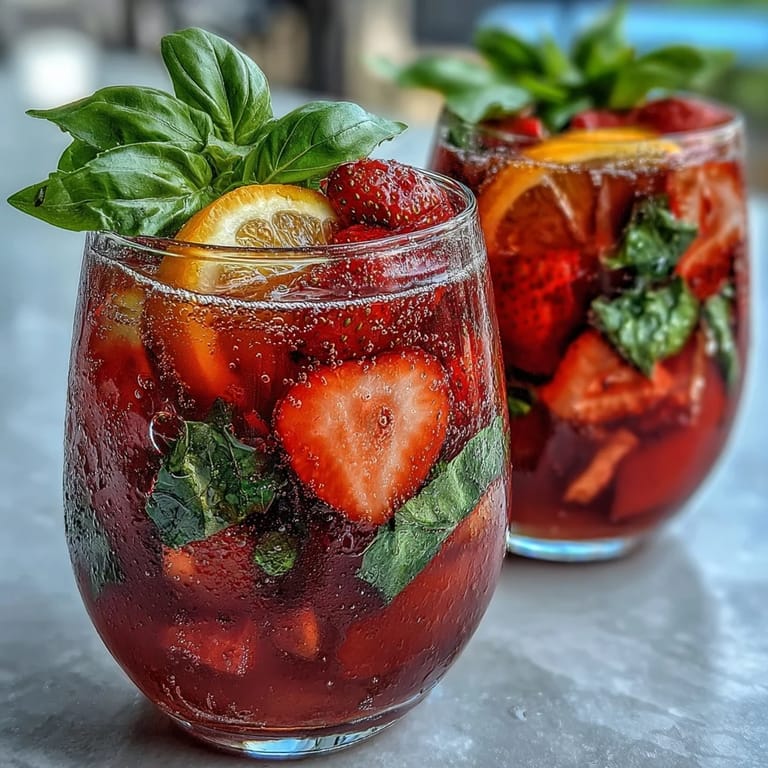 Festive strawberry basil sangria mocktail with sparkling white grape juice, citrus wheels, and herbal basil garnish for a cool, fruity drink.