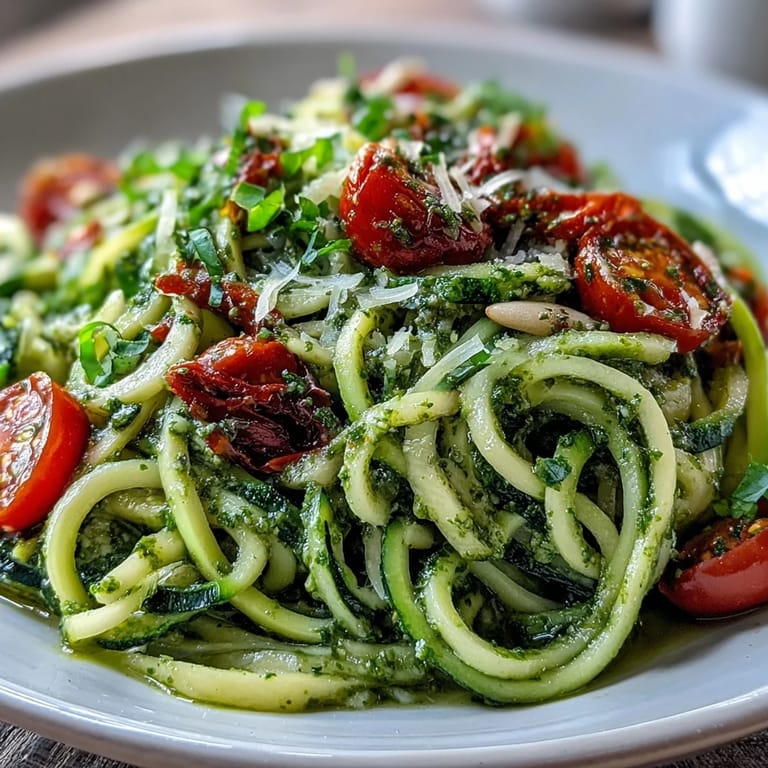 Light and flavorful zucchini noodles with homemade pesto and sweet cherry tomatoes, perfect for a quick vegetarian meal.