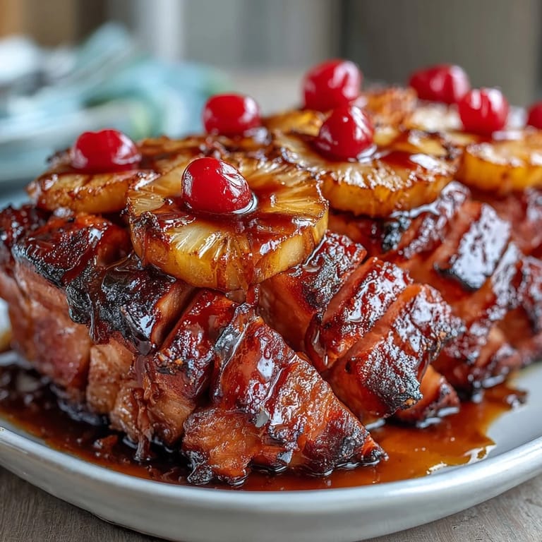 3. Festive honey glazed ham topped with pineapple rings and cherries, oven-baked until tender and glazed to perfection for Easter dinner.