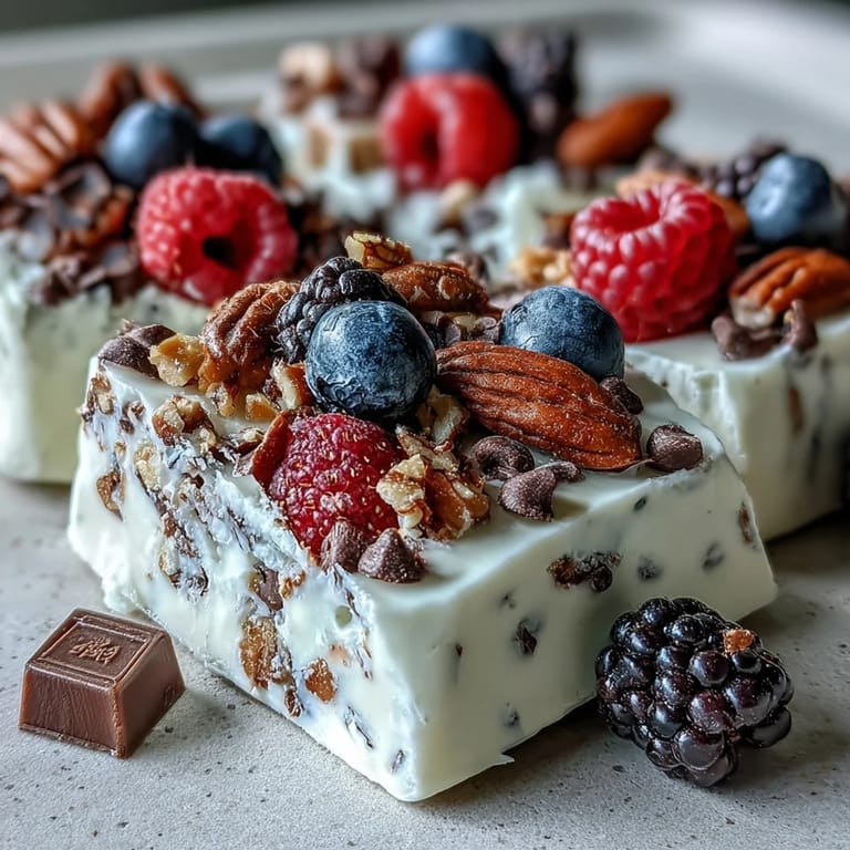 A vibrant frozen yogurt bark loaded with mixed berries and granola, offering a cool, creamy, and crunchy summer snack perfect for hot days.