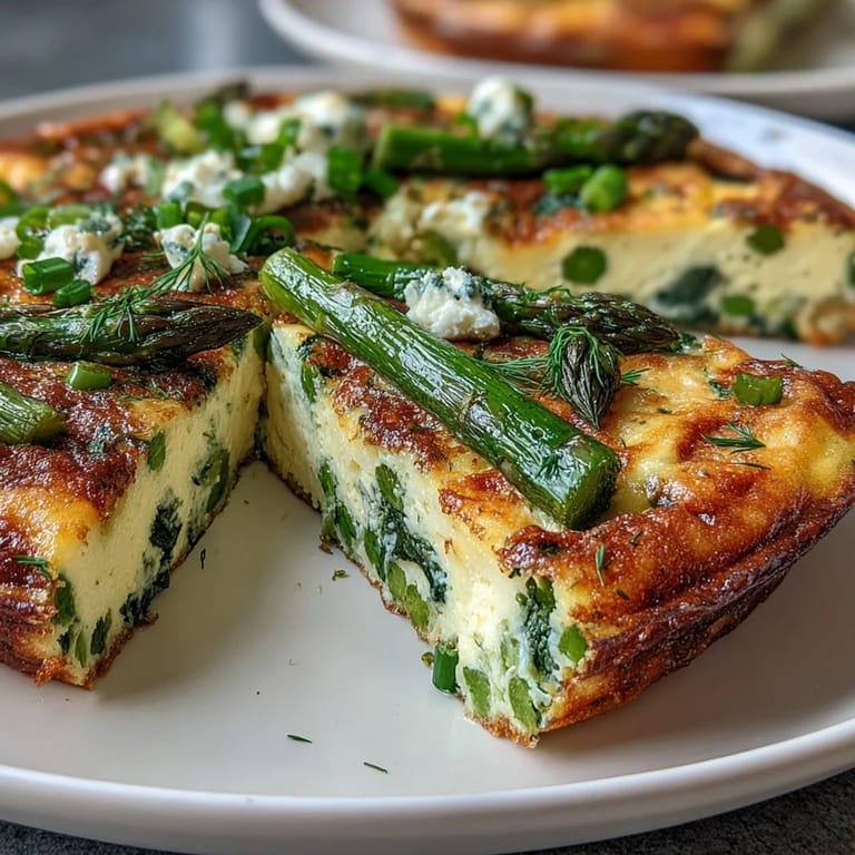 Fluffy baked eggs with tender asparagus, sweet peas, and tangy goat cheese, finished with fresh herbs and spring onions.  