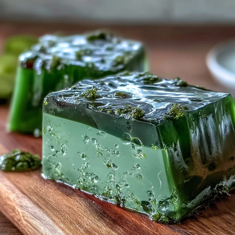 Smooth yokan, a beautiful red bean and green tea jelly, artfully presented for dessert.