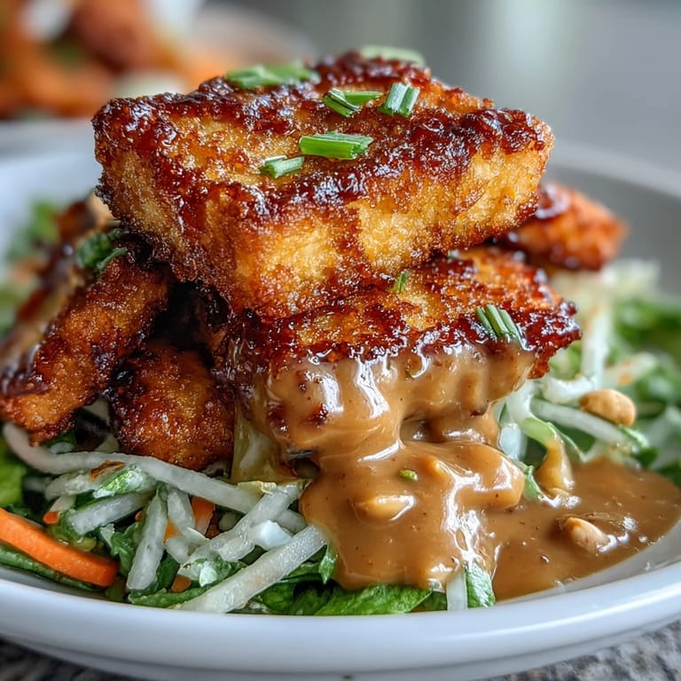 Golden crispy tofu topping a vibrant Thai Mango Salad with lime.