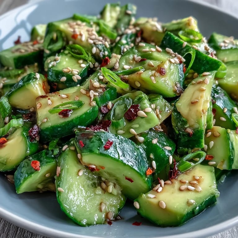 Delicious smashed cucumber and avocado salad, topped with crunchy green onions.
