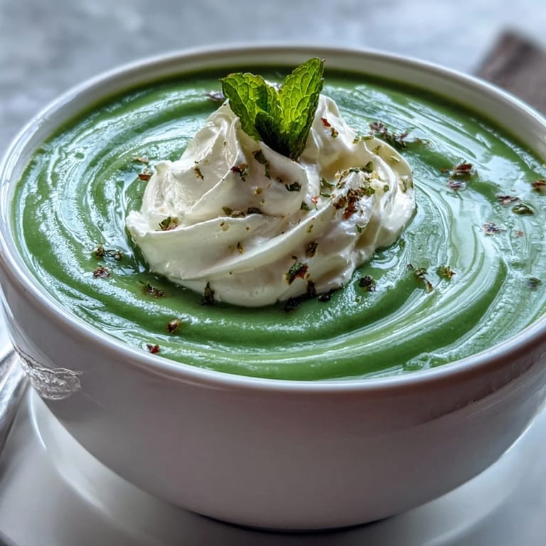 Creamy spring pea soup with swirls of mint oil and ricotta.