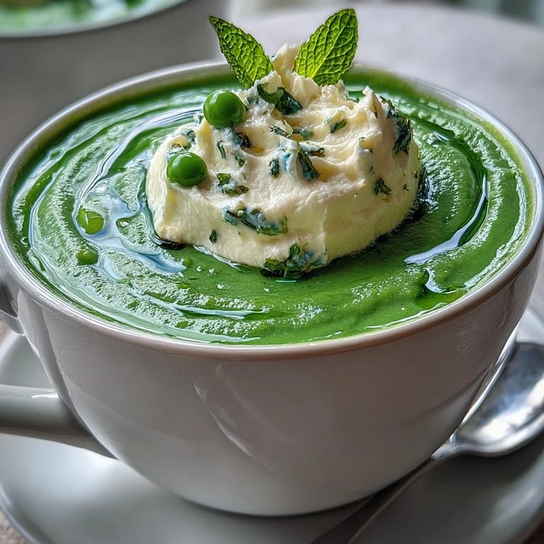 Whipped ricotta and mint oil crown this creamy spring pea soup.