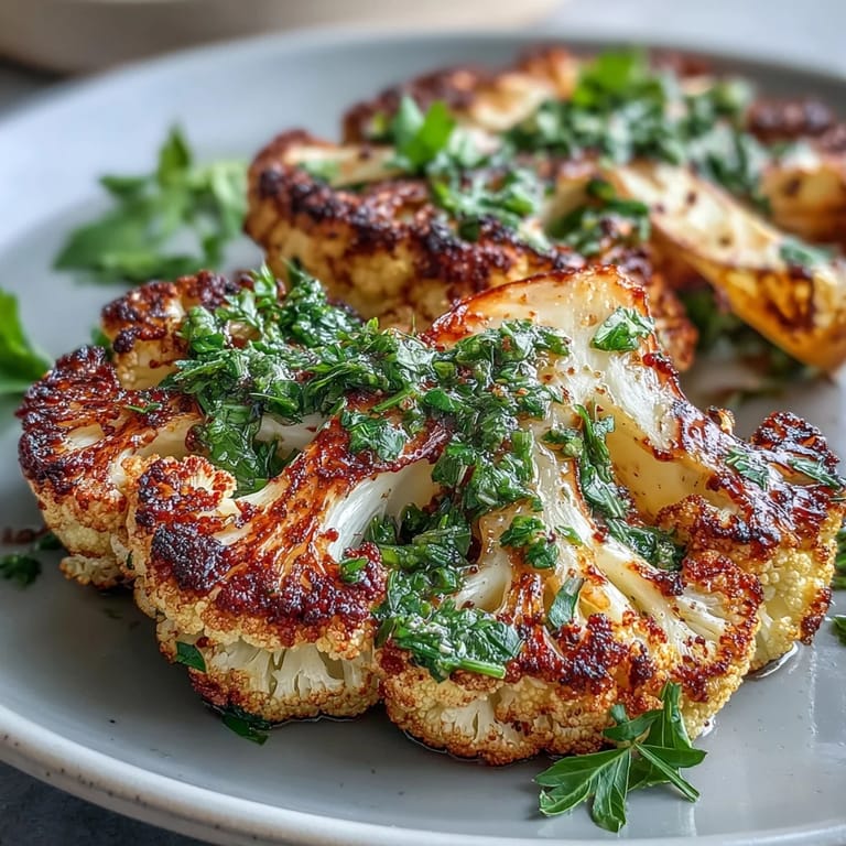 Grilled BBQ Cauliflower Steaks generously drizzled with zesty, herbaceous chimichurri.